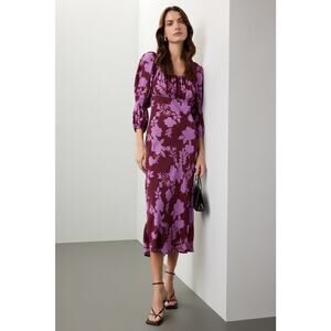 Peter Som Purple Floral Print Midi Square-Neck Dress Size 8